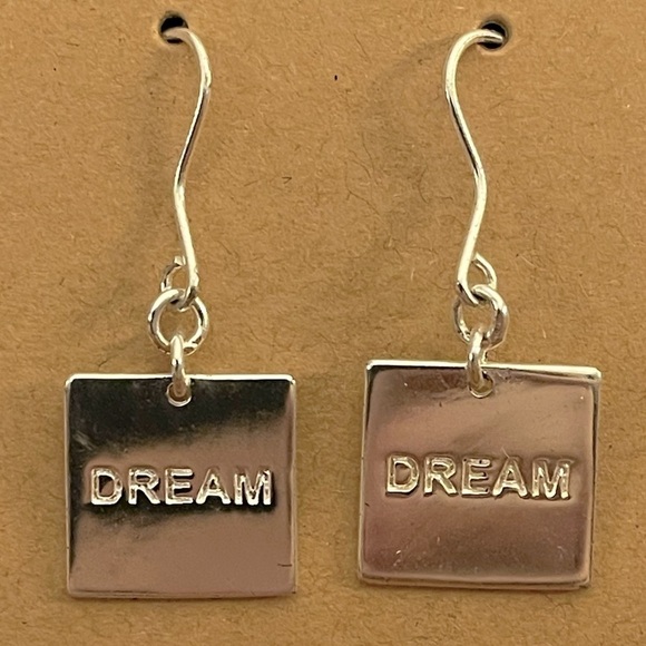 Sterling Silver DREAM Engraved Square Disc Dangle Earrings - Picture 1 of 3